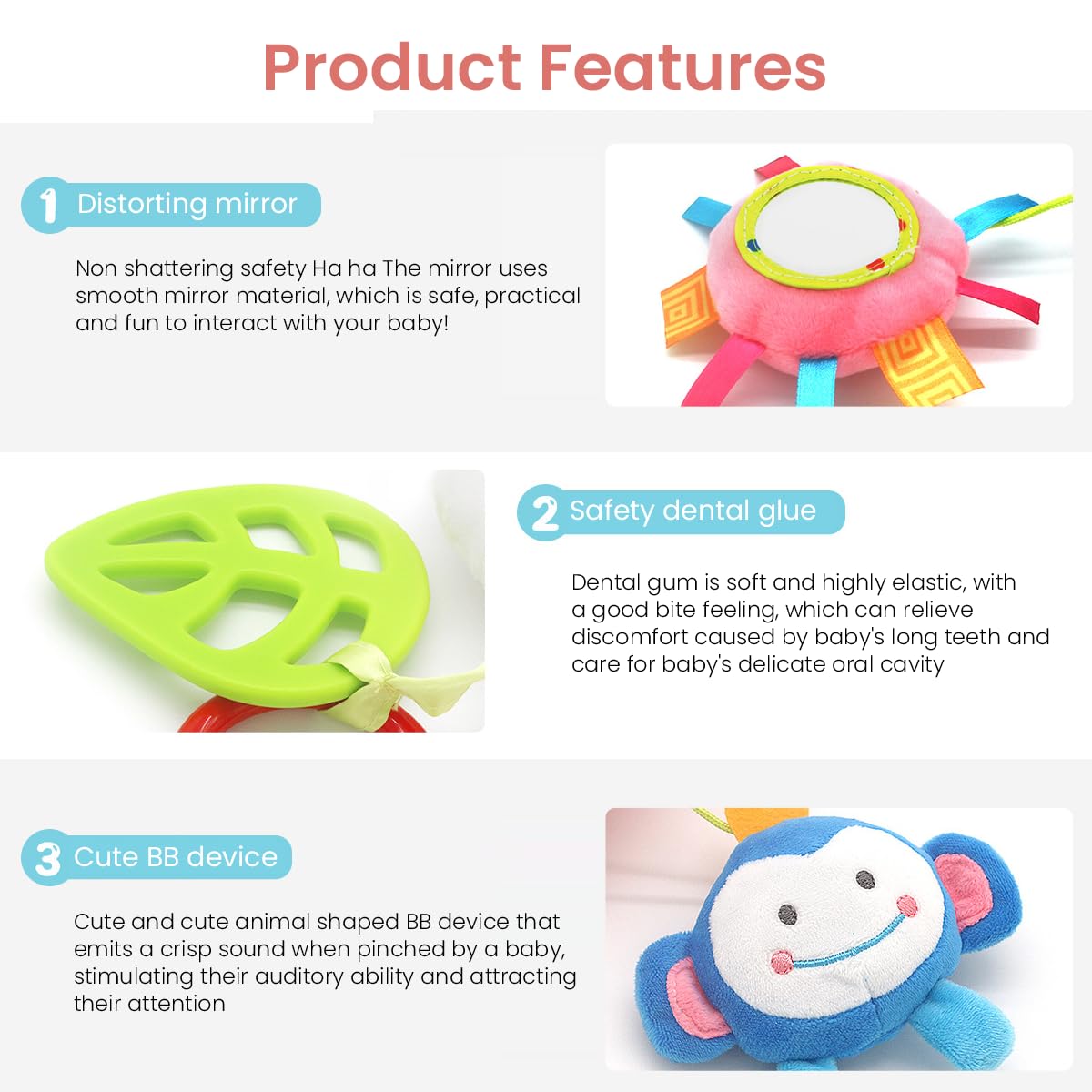 PATPAT Hanging Toys for Babies 0-6 Months, New Born Baby Toys Rattle Crinkle Squeaky Toy Car Seat Plush Stroller Toy with Mirror Plush Animal C-Clip Ring for Infant Babies 3 6 9 to 12 Months