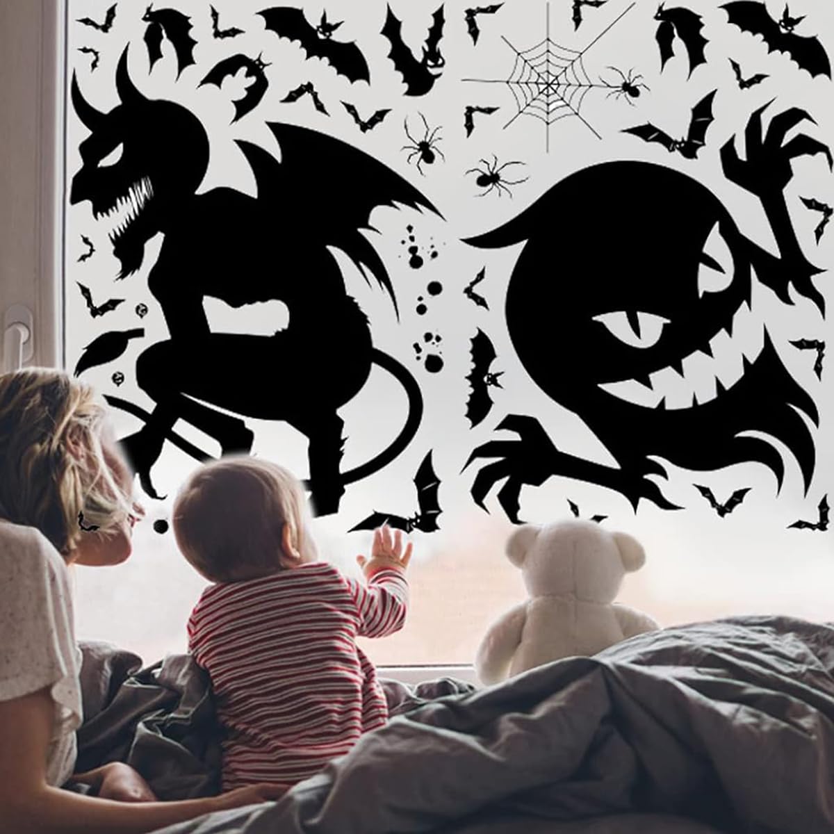 HASTHIP Halloween Window Decals Spooky Ghost Devil Window Stickers Black Silhouette Non-Adhesive Halloween Wall Stickers Halloween Party Room Decor