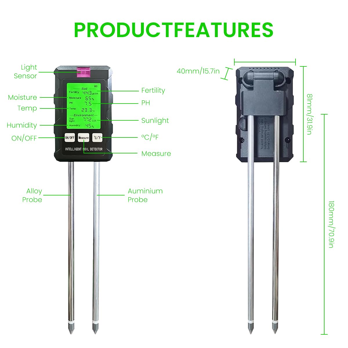 Serplex Soil Meter 6 in 1 Dual Probes Soil Meter for Moisture /Temp/PH/Humidity/Sunlight Intensity/Conductivity LCD Digital Soil Moisture Meter Precison Agriculture Soil Meter Battery Operated