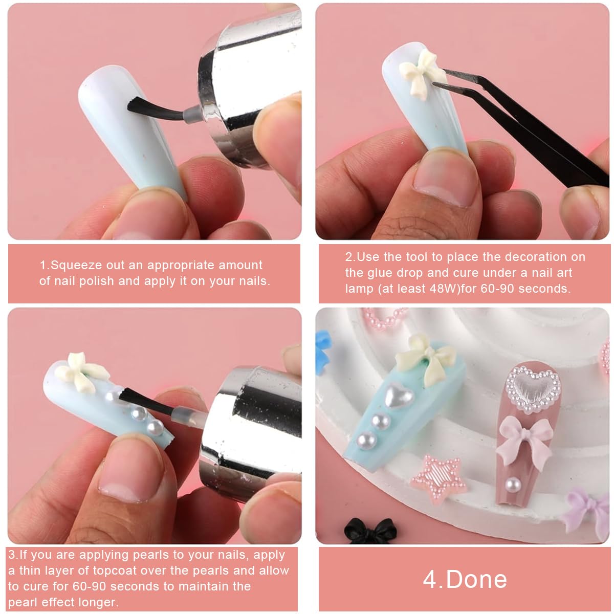 MAYCREATE 600Pcs 3D Nail Decals Multi Colors Bow Charms Pearls Star Heart 3D Flatback Nail Decals Nail Extensions Charms Fashion Cute Resin Charms for DIY Nail Art, Handcrafts Art