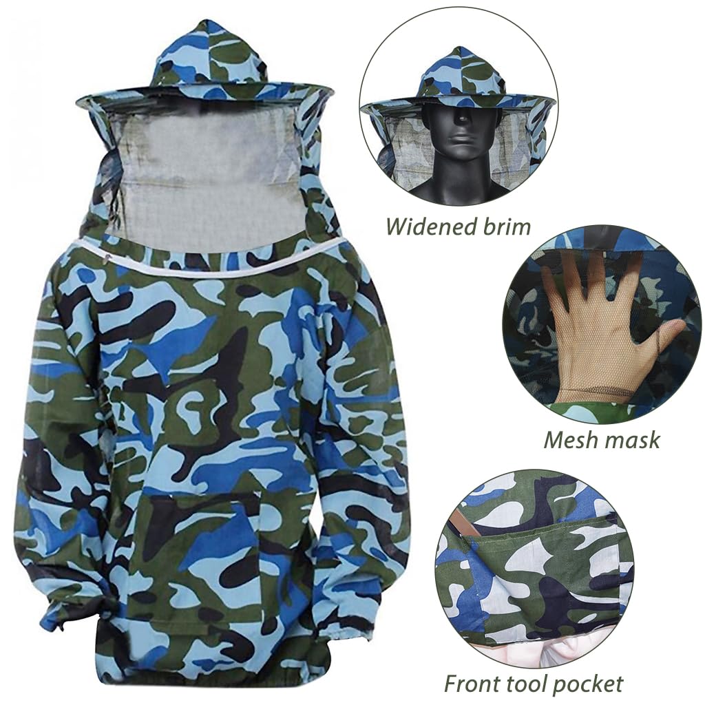 HASTHIP Bee Suit with Detachable Veil Hat, Camouflage Beekeeping Top, Protective Equipment, Elastic Cuff & Elastic Hem Closure