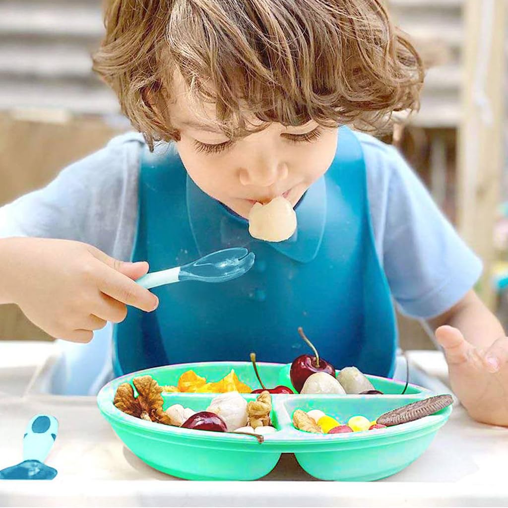 SNOWIE SOFT Baby Suction Plates for Baby Feeding BPA Free Foodgrade Silicone 3-Grid Food Plate for Kids, Young Kids Tableware, Silicone Dinnerware with 4 Suction Cups, Dish Washer Safe (Green)