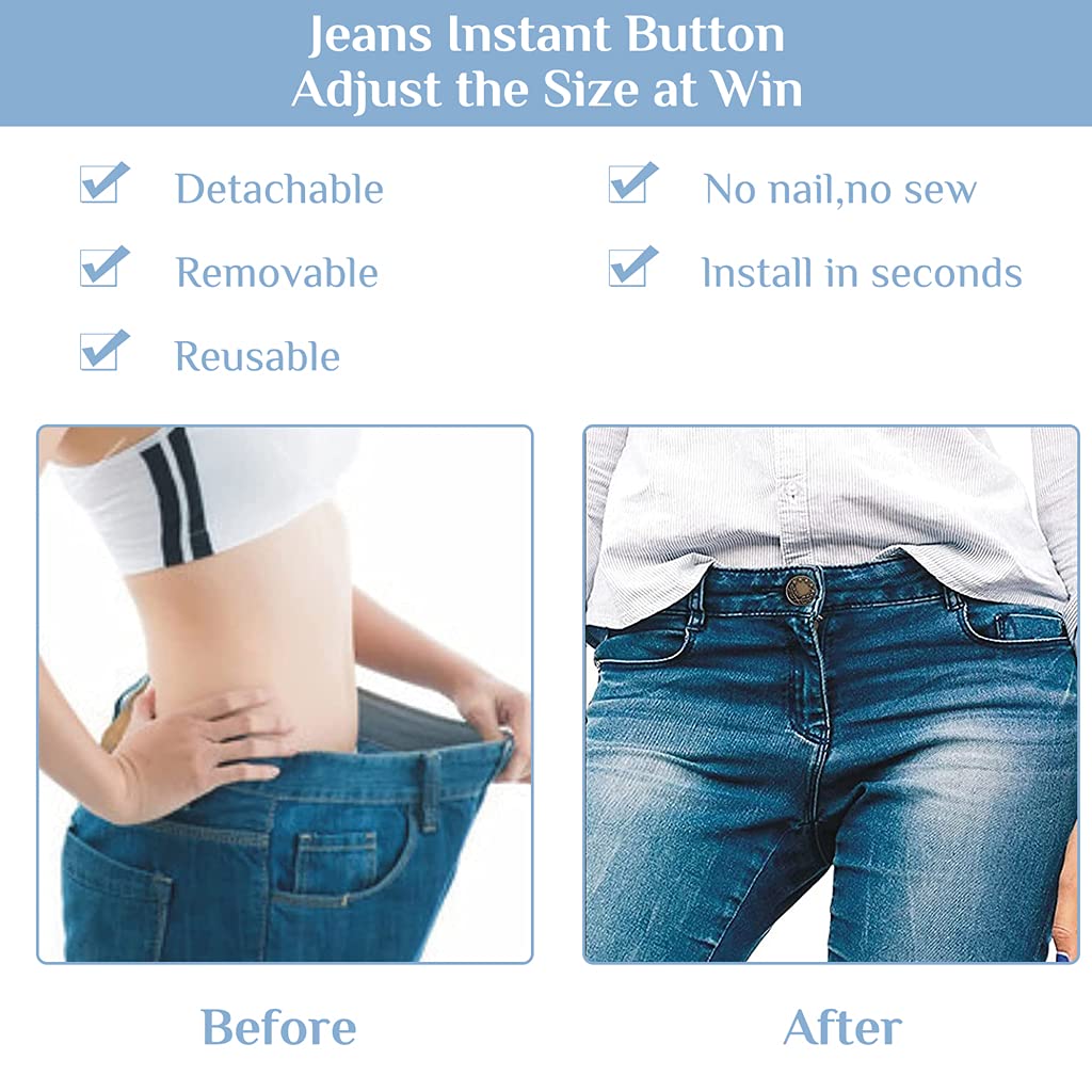 HASTHIP 10pcs Detachable Buttons for Jeans, Instant Pants Waist Button Pins, Adjustable Button for Jeans Replacement, Metal No Sew Tightener for Reduce Loose Pants Waist or DIY Crafts