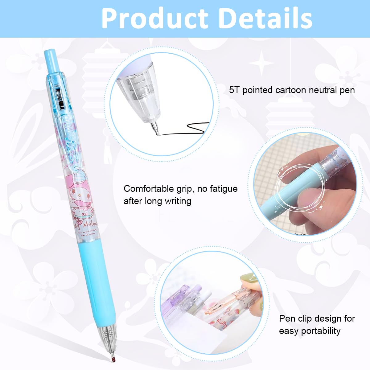 HASTHIP 6Pcs Kawaii Click Pens Cute Sanrio Series Pens 0.5mm Black Click Pens Office School Stationeries Supplies Gift Click Ball Pen Set