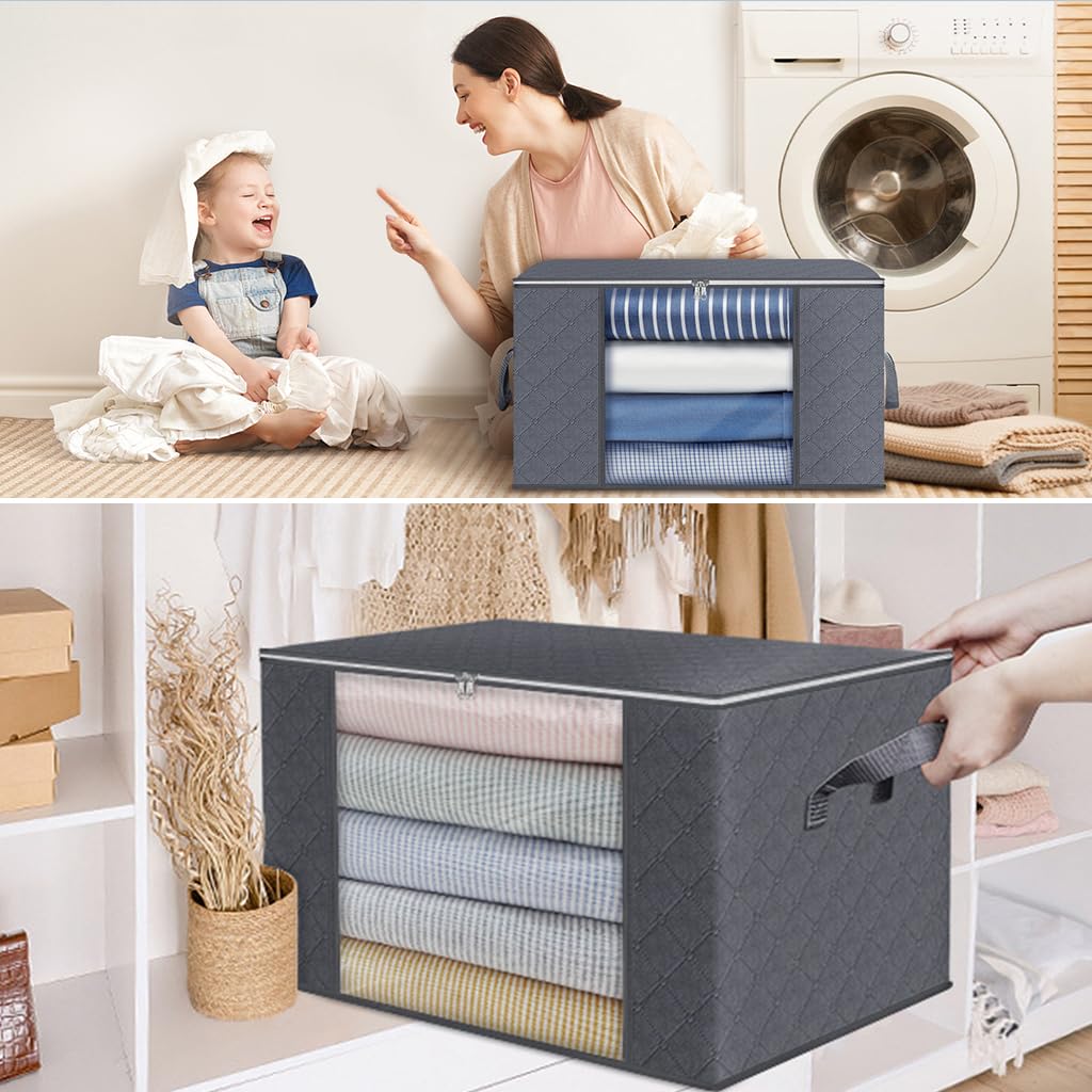 HASTHIP 3 Packs Large Storage Bags, Clothes Storage Bins Foldable Closet Organizers Storage Containers with Lids and Handle for Clothing, Blanket, Comforters, Bed Sheets, Pillows
