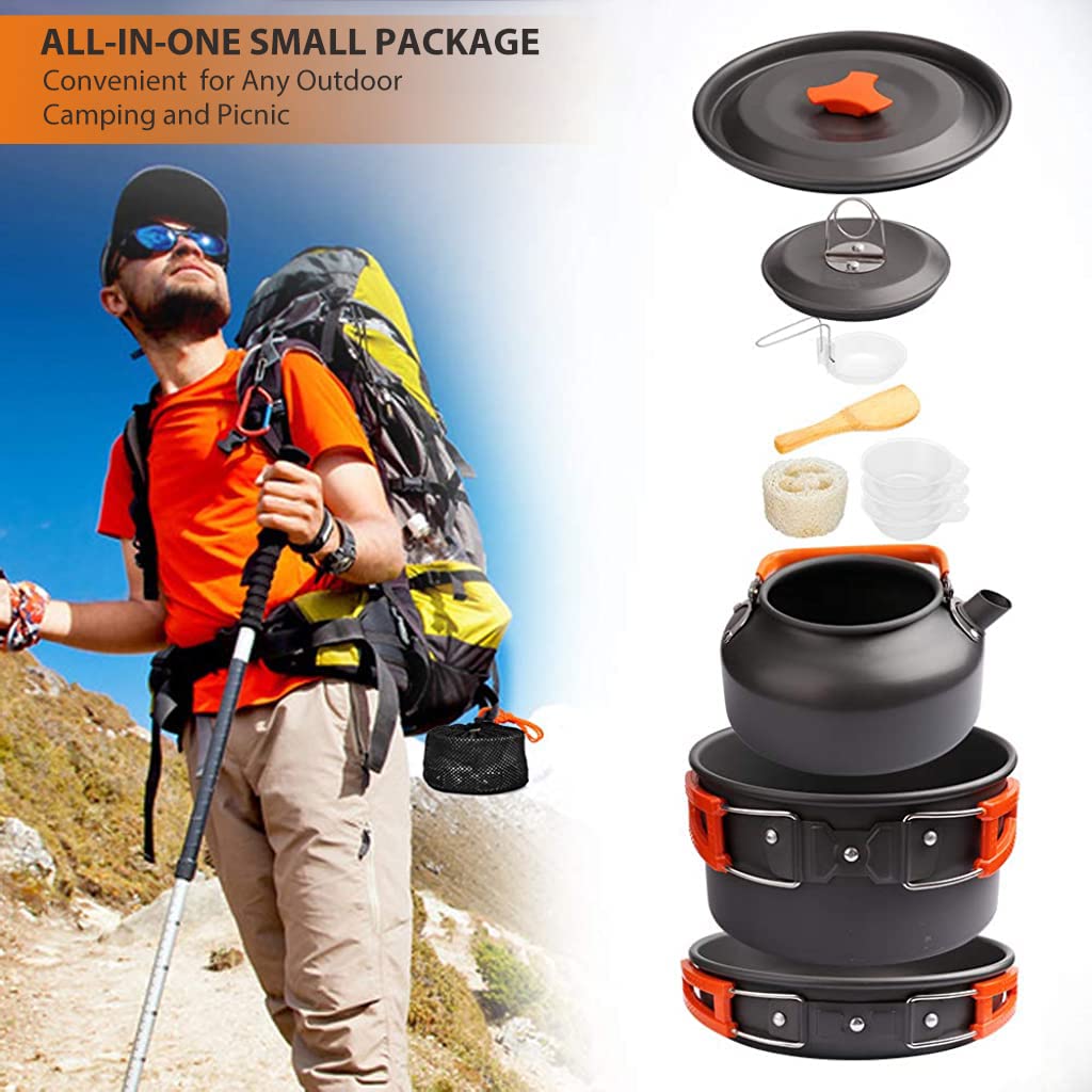 Proberos 9Pcs Camping Cooking Set with Cookware Bowl Pot Pan and Kettle, Aluminium Camping Cooking Utensils with Portable Bag for Outdoor Camping, Lightweight Camping Accessories for 2-3 People