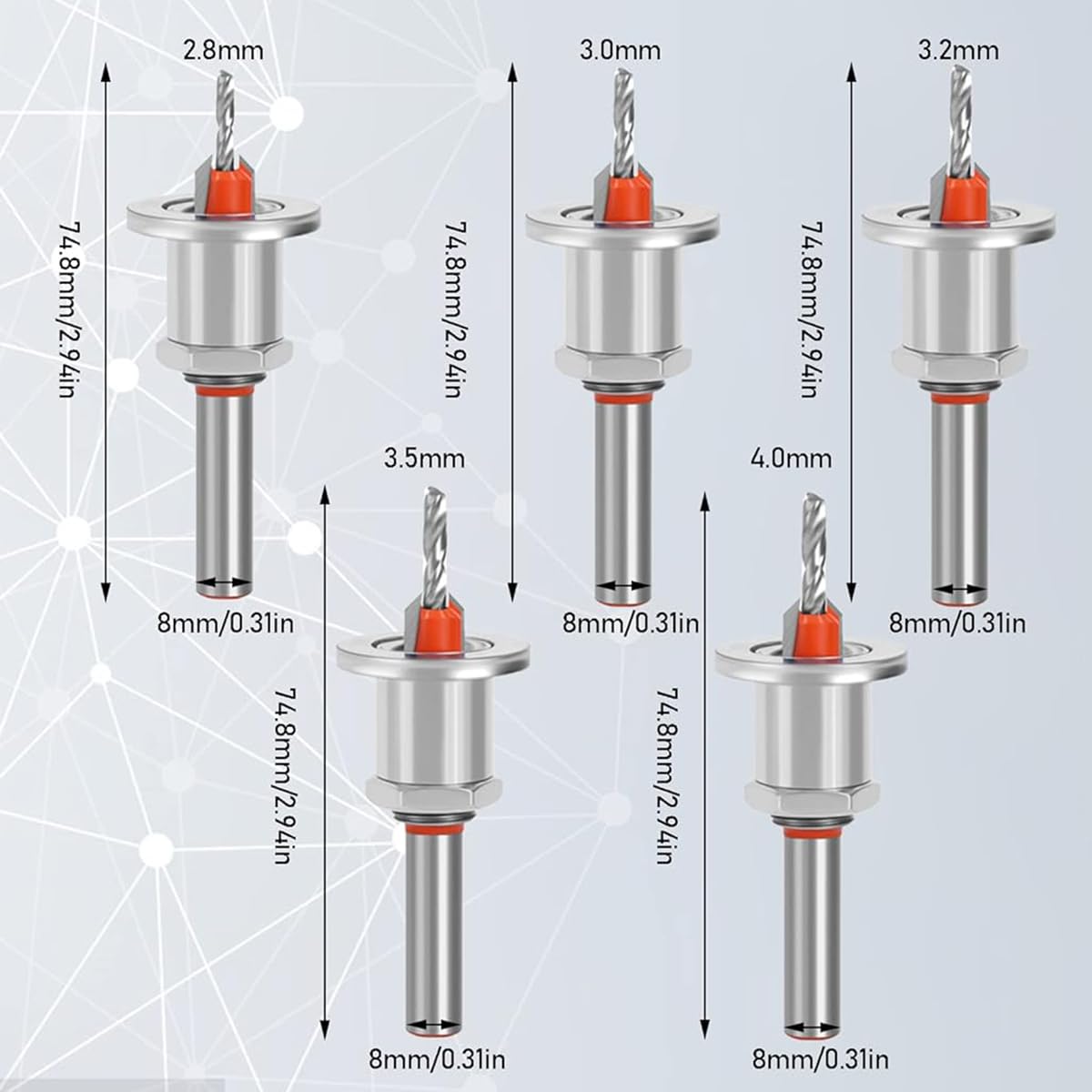 Serplex 5Pcs Carbide Tipped 90° Countersink with Adjustable Low Friction Depth Stop Multifunctional Round Shank Bore Woodworking Drill Bit Taper Drill Bit Counterbore Drill Bit Wood Working Tools
