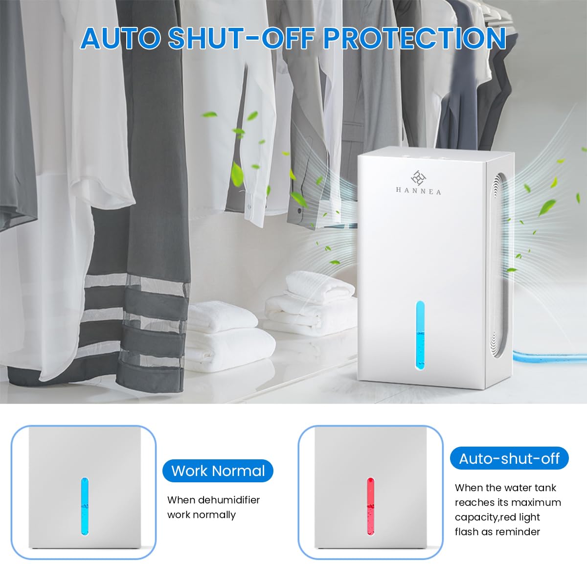 HANNEA 2.4L Dehumidifiers for Room Home, 500 sq. ft/Drain 1.1L/day Small Dehumidifier for Bedroom Bathroom Cloakroom RV Closet, Quiet Dehumidifier with Auto Shut Off, 7 Colors LED Light