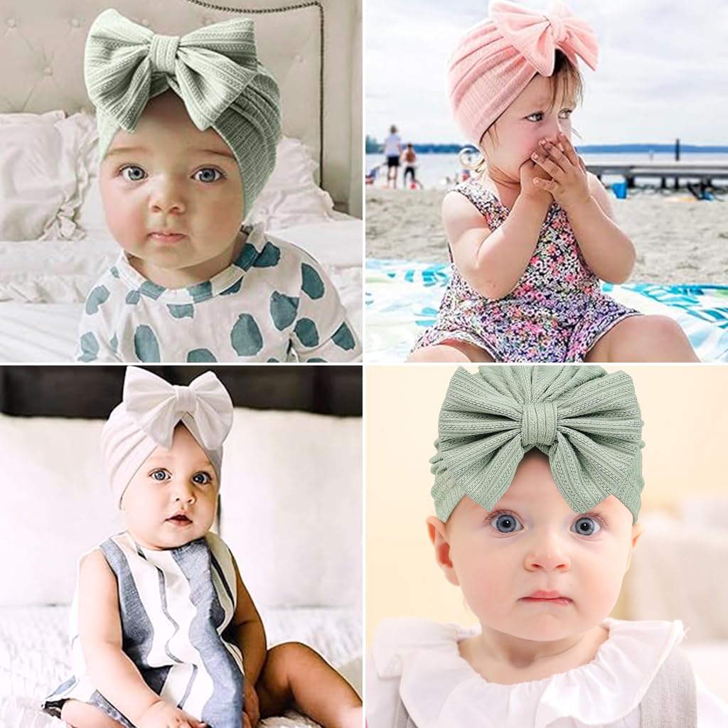 PALAY 3 Pack Turban Cap for Baby Girl Boy Cute Stretchy Baby Cap Soft Infant Beanie Baby Hat for Newborns Baby Head Cap Hat Accessories Shower Gifts Turban Bow Baby Cap 6-12 Months