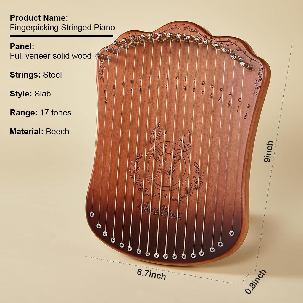 PATPAT Lyre Harp 17-String Lyra Harp Kit, Mahogany Stringed Musical Instruments with Extra 17 Strings, Tuning Wrench, Finger Picks & EVA Gig Bag Starter Music Instrument for Adults Kids