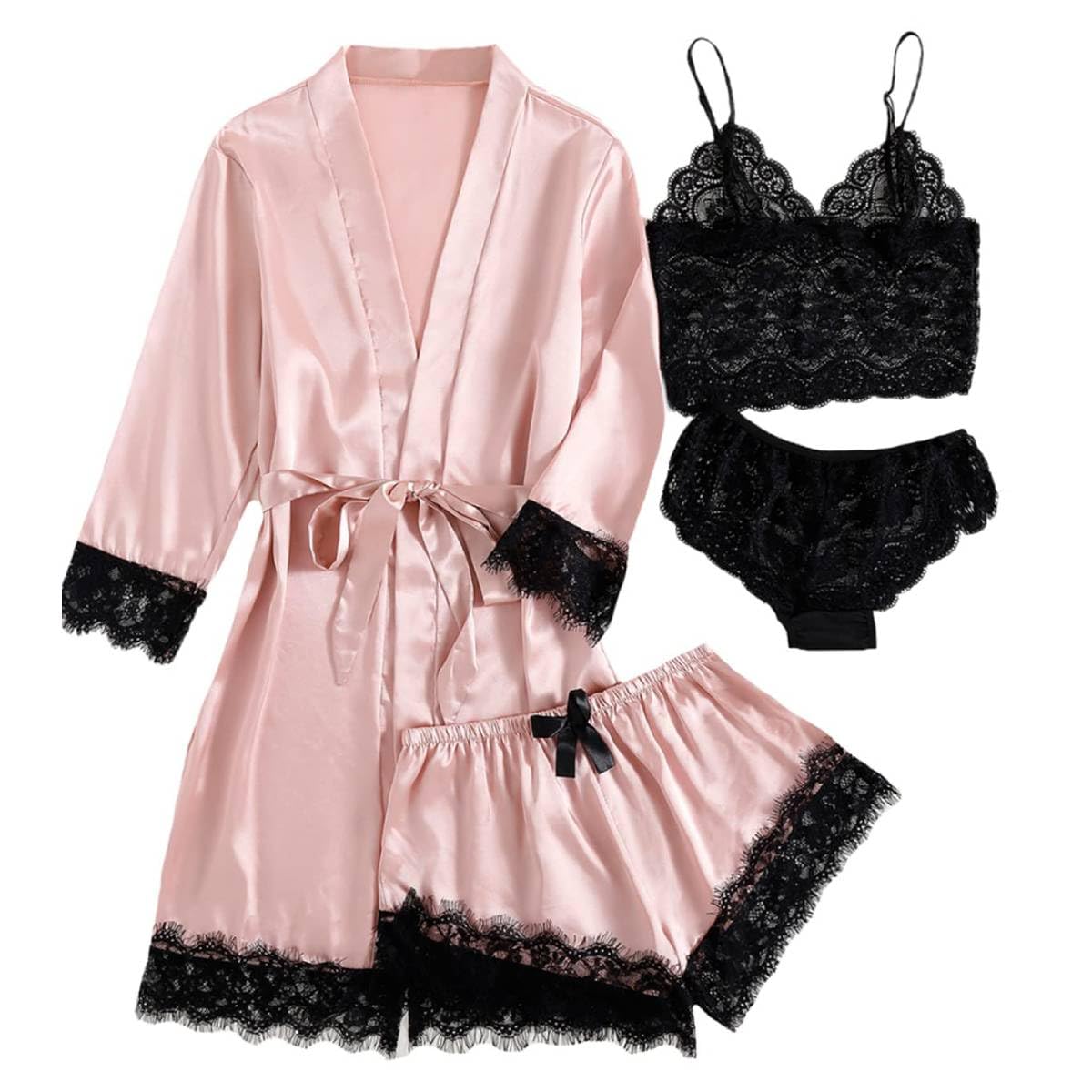 PALAY Women Lingerie Underwear Suit Set of 4Pcs Silk Lace Women Longsleeve Robe Black Lace Bra Thong Set, M