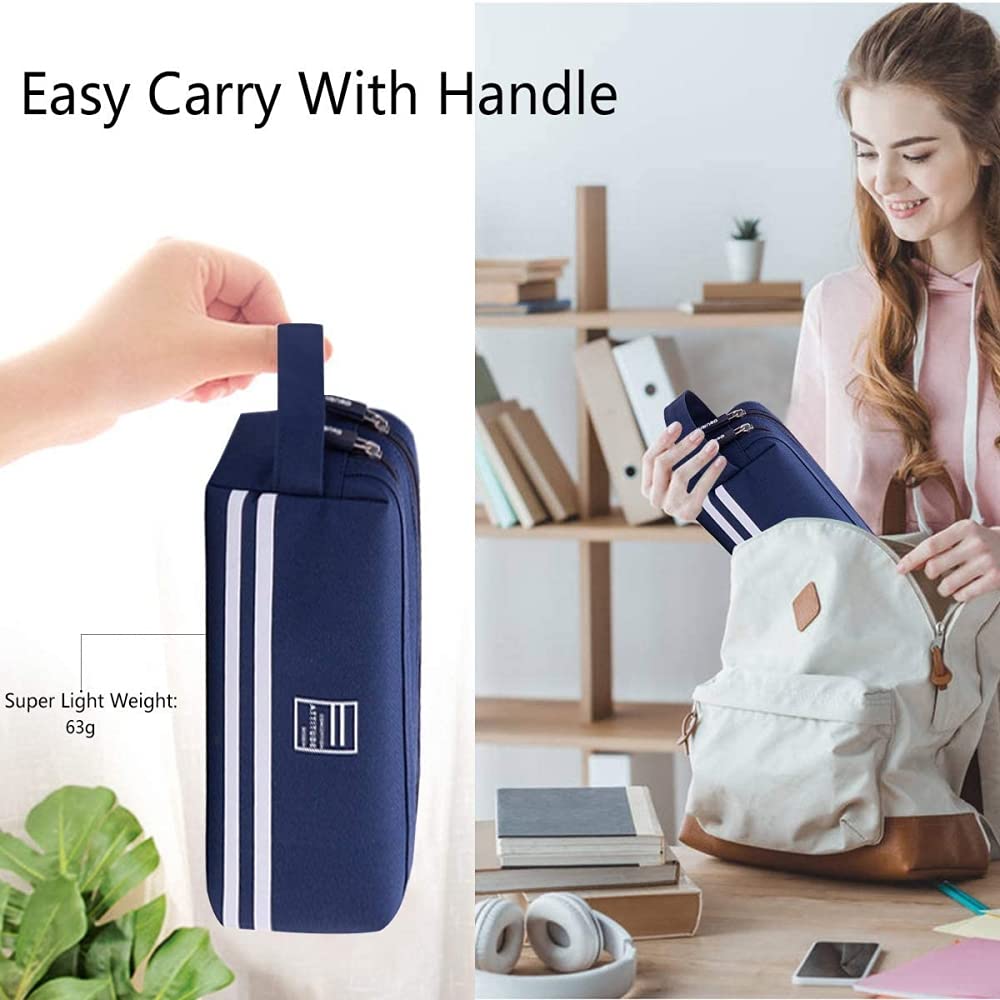 HASTHIP Large Pencil Pouch with Compartments Pencil Box for Girls Teenage Big Capacity Pen Case Stationery Storage Cosmetic Make up Bag Pouch (Dark Blue)