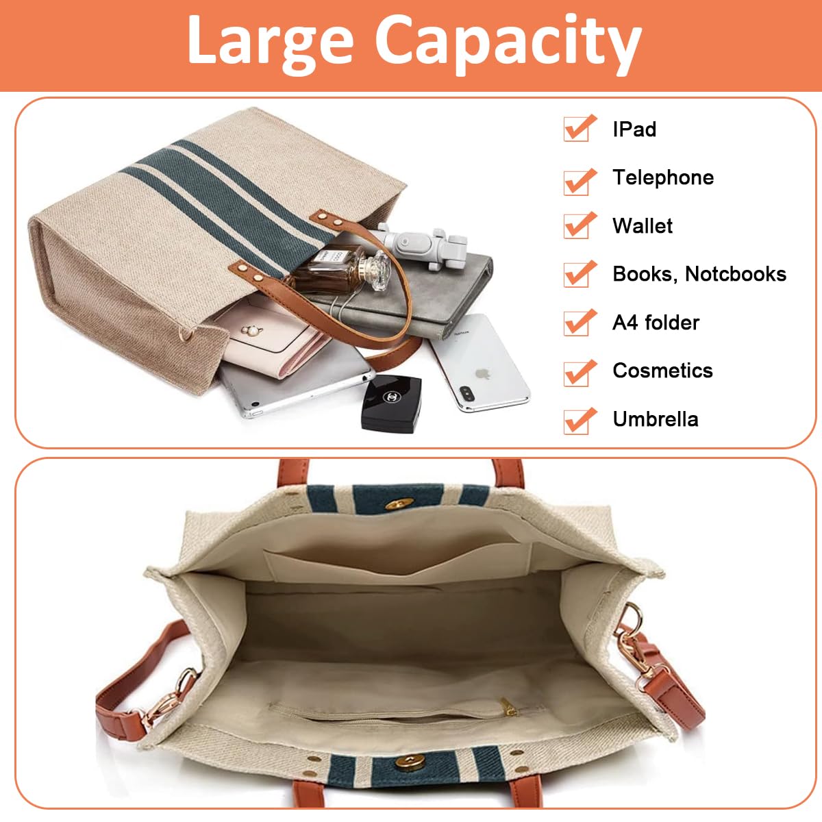 PALAY Tote Bag Women Large Canvas Tote Bag Shoulder Bag Briefcase Crossbody Bag with Shoulder Belt Fashion Women Tote Bag Casual Tote Bag for Daily, Travel, 13.38 x 5.51 x 10.62 Inches