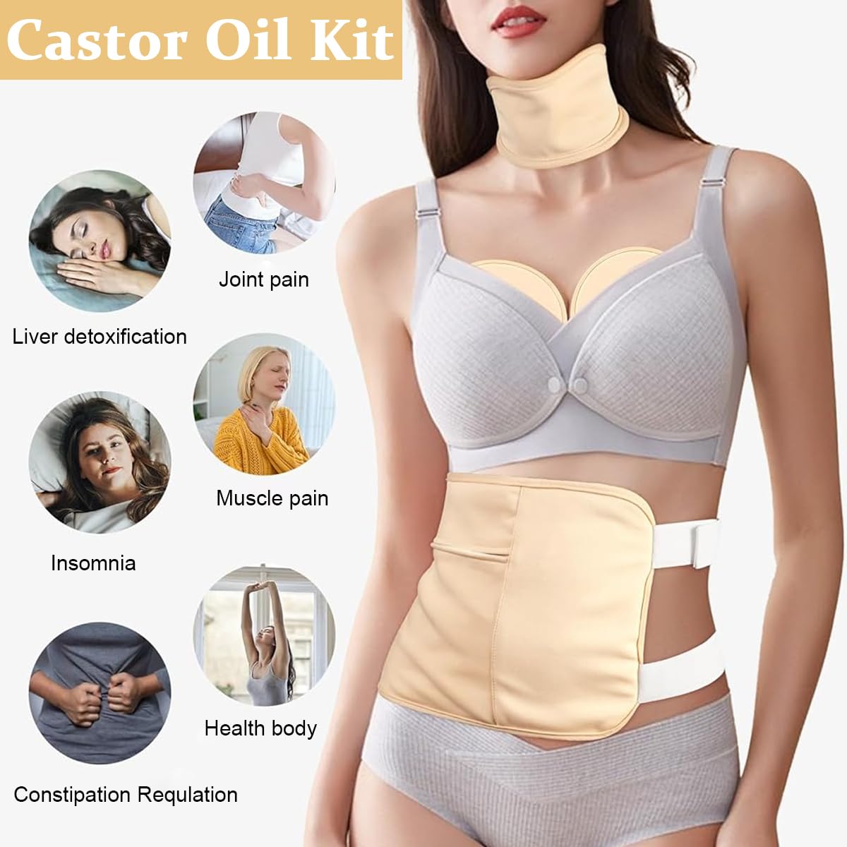 HANNEA 4 Pack Castor Oil Pack Wrap, Reusable Organic Castor Oil Pack Kit Chests Waist and Neck Wrap for Liver Detox, Waist and Neck with Adjustable Elastic Strap Anti Oil Leak, Khaki