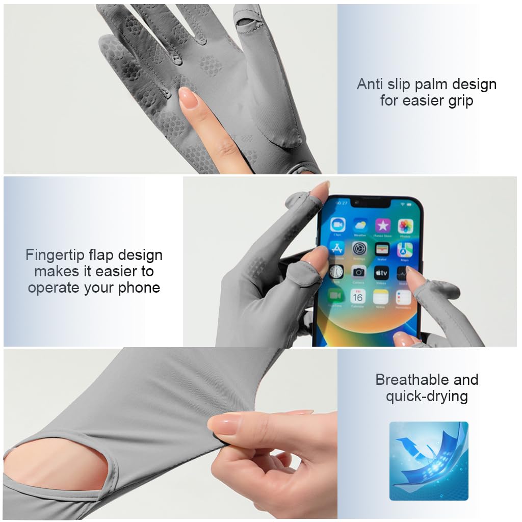 PALAY UV Protection Arm Sleeves Nylon Ice Silk Arm Sleeves with One Piece Gloves, Open Finger Tip & Anti-slip Palm Design Outdoor Cool Arm Sleeve for Driving, Cycling, Gardening- Grey