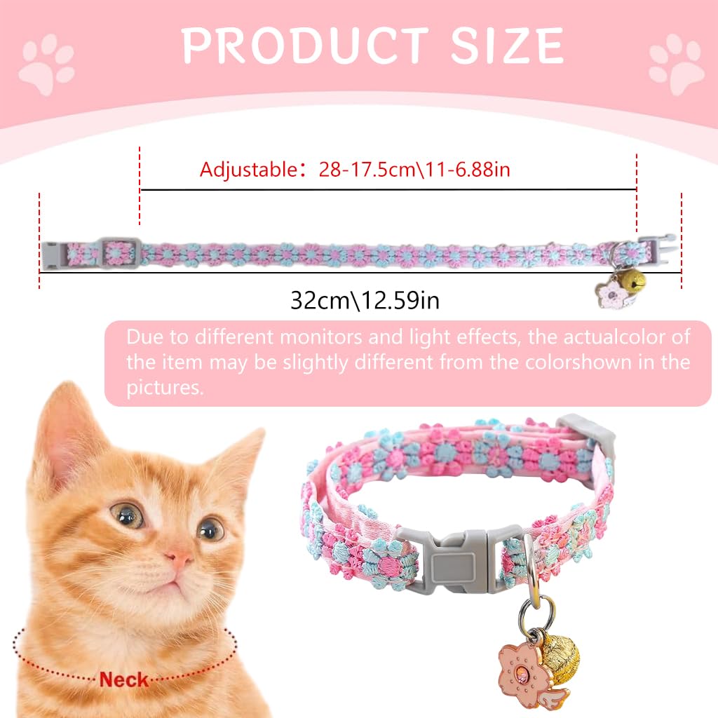 Qpets Floral Cat Collar, Cute Color Flower Cat Collar with Bell, Embroidery Handmade Sakura Charm Adjustable Quick Release Small Pet Collar