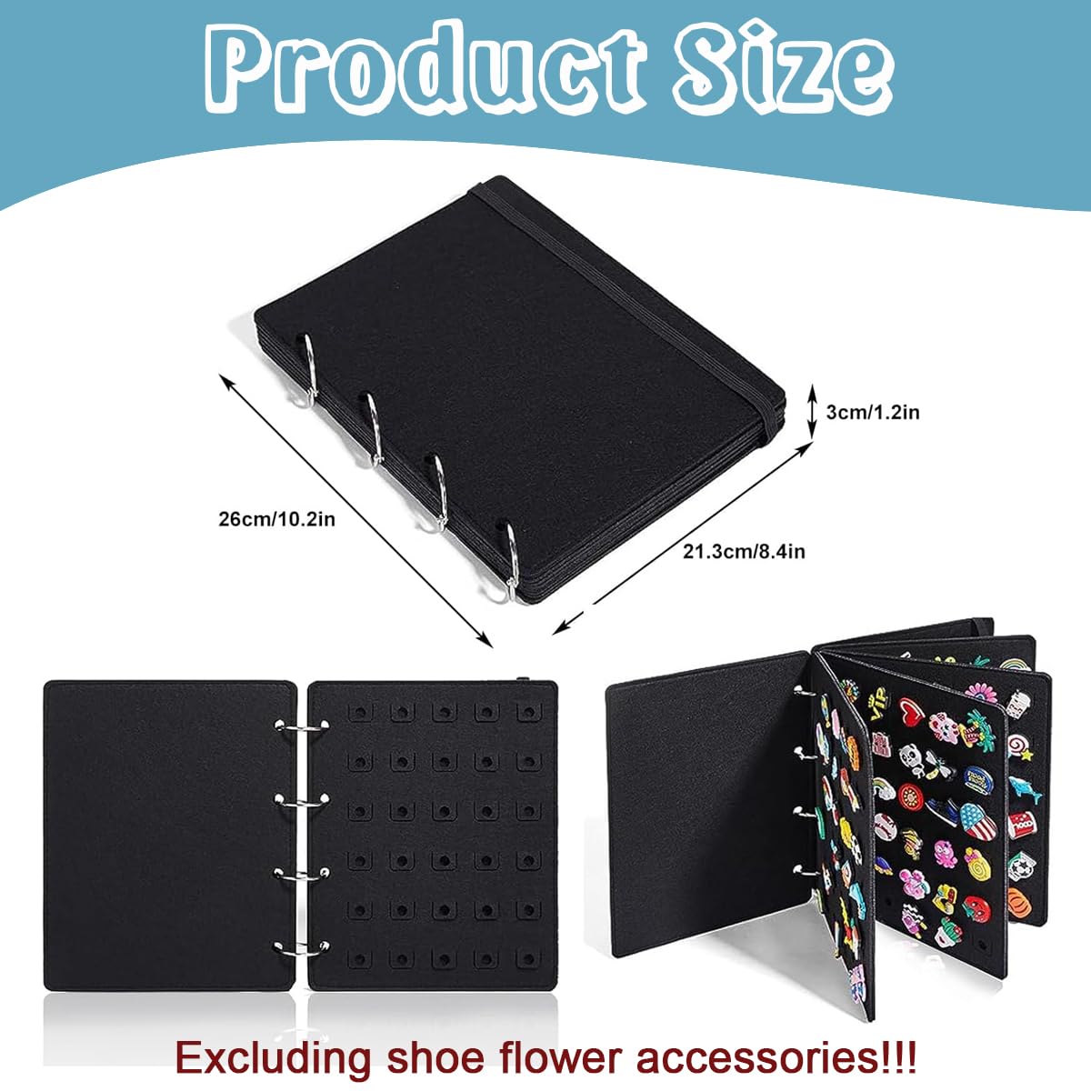 MAYCREATE Felt Organizer Album 120Pcs Shoe Charms Organizer Croc Shoe Charms Collection Album with Elastic Strap Closure Brooch Pin Organizer Binder, 26x21.3cm, Black