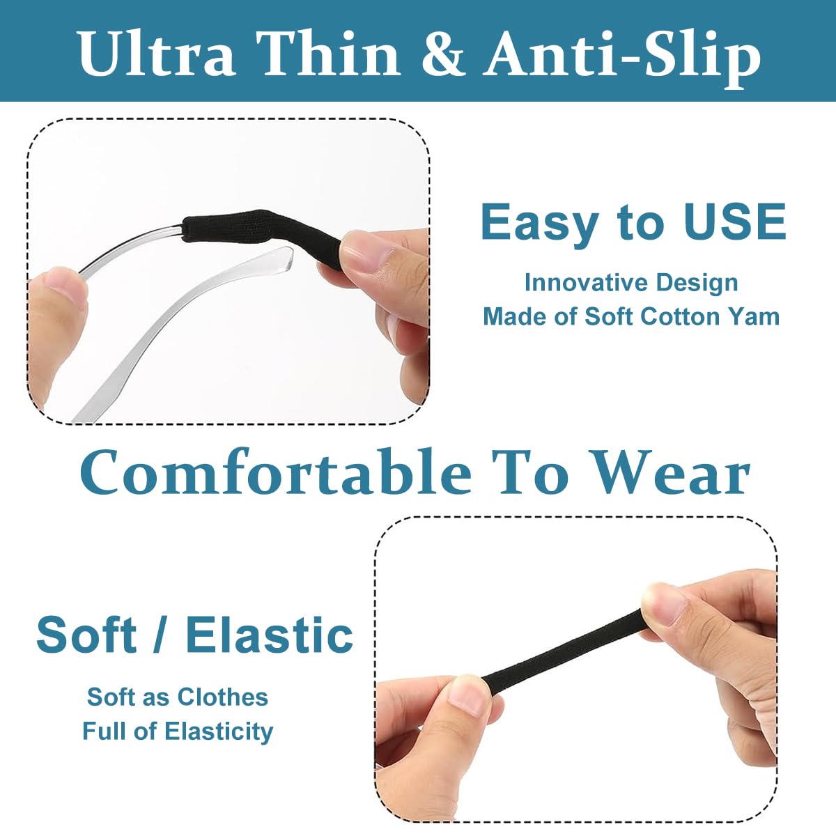 HASTHIP 2 Pairs Glasses Ear Cushion, Anti-Slip Elastic Eyeglasses Temple Tips Sleeve Retainer, Comfort Soft Knitting Fabric Sunglasses Ear Grips for Eyewear - Black