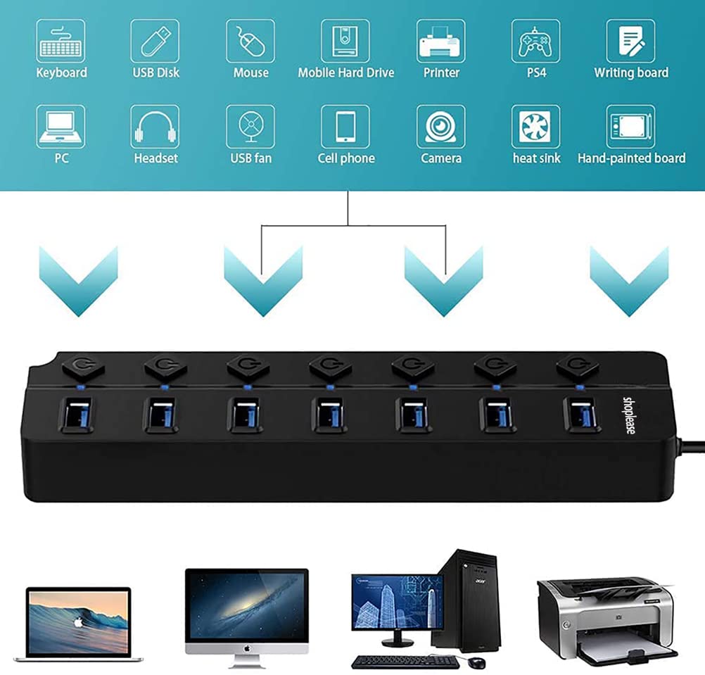 ZIBUYU USB Hub 7in1 All 3.0 Ports for PC Desktop Laptop USB Hub Individual Switch Control USB Extender for Laptop USB Hub for USB Flash Disk, Keyboard, Wired Mouse, Bluetooth Mouse, Plug and Play