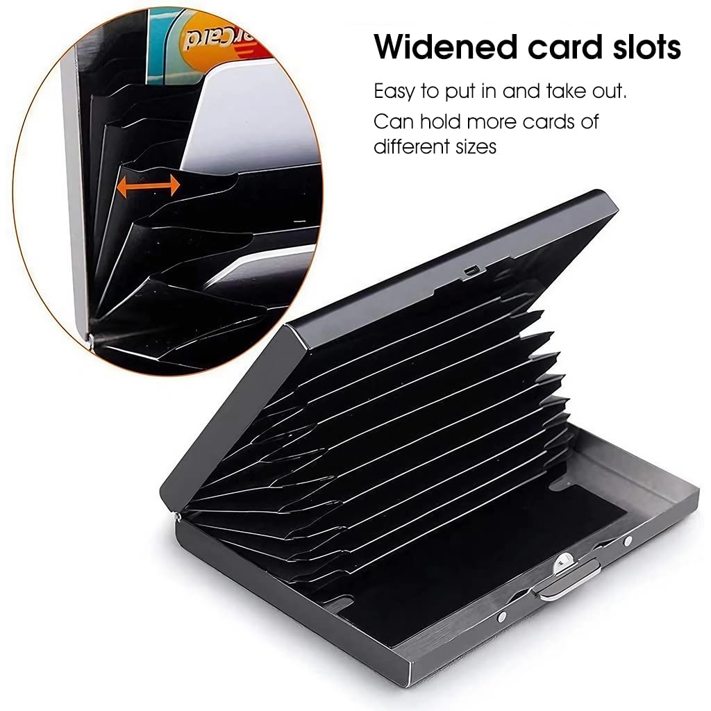 ZIBUYU Slim Card Holder Metal Stainless Steel Card Holder with Snap Lock 10 Card Slots Design Safe RFID-Blocking Credit Cards Holder Organizer Card Bag Business Card Holder Gift for Men, 10x7.5x2.5cm