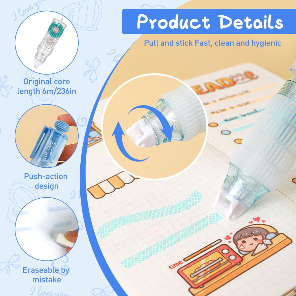 HASTHIP Double Sided Dot Glue Tape Pen Roller with 3 Refills, Retractable Click Pen 360° Rotatable Head, Invisible Crafting Tape Roller for Scrapbooking, Office, School Supplies, 6mm x 19.6ft