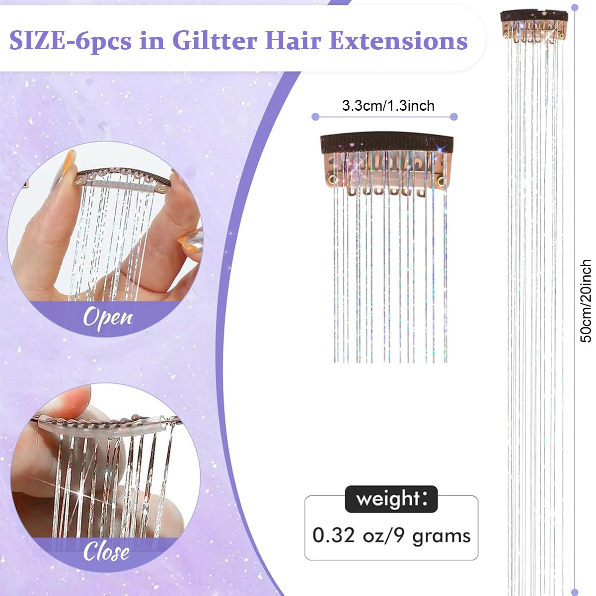 MAYCREATE 6pcs Hair Tinsel Hair Extensions for Women Girls Glitter Clip-in Fairy Hair Tinsels Sparkling Tinsel for Party Festival Cosplay - 20inch, Silver