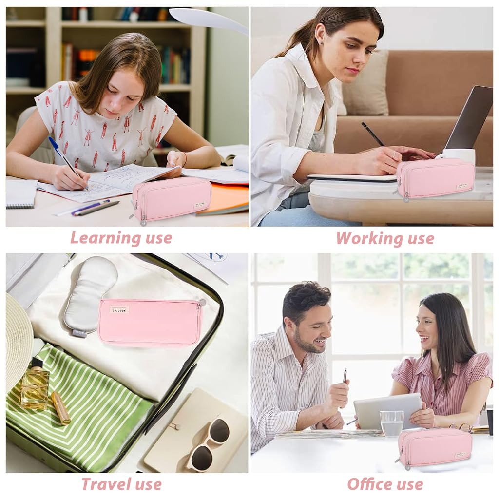 Climberty Large Capacity Pencil Case, 3 Compartment Pouch Pen Bag with 8 Elastic Pen Sleeves, 3 Zipper Portable Storage Pencil Pouch for School Teen Girl Boy Men Women (Pink)