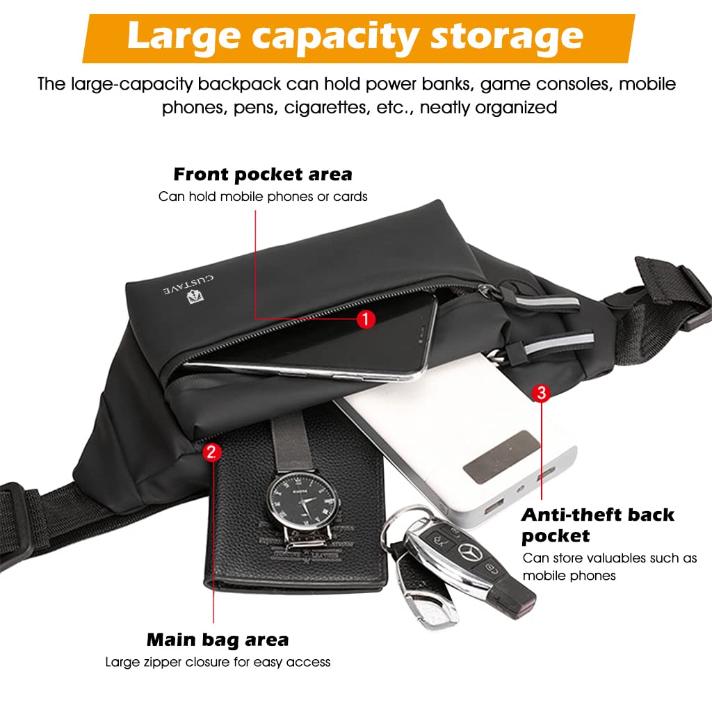 GUSTAVE Waist Bag for Men Women with Adjustable Strap and Headphone Jack, Large Waterproof Chest Bag Fanny Pack for Hiking Travel Camping Running Sports Outdoors with 4-Zipper Pockets