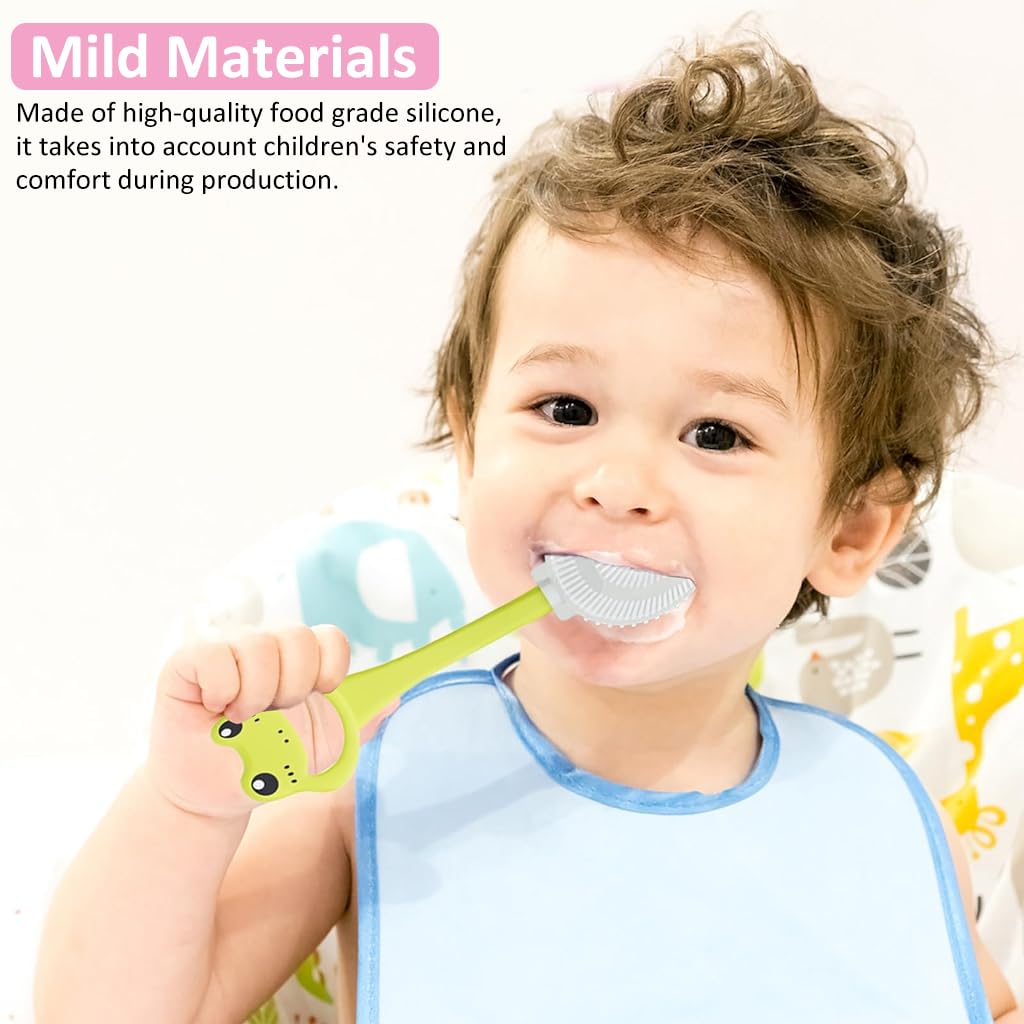 HANNEA 2Pcs Kids Toothbrush U-Shaped Kids Toothbrush for 3-6 Years Old 360° Teeth Cleaning Soft Silicone Bristles Design Toothbrush Dental Care Toothbrush Cartoon Toothbrush with Wall Holder