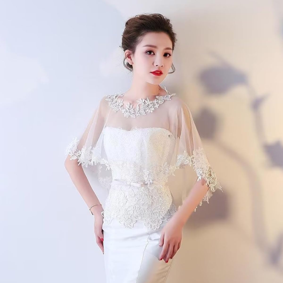 PALAY Sheer Lace Shawl Elegant White Lace Evening Dress Wrap Shawl Bridal Cape Cover Up Shawl Bridal Shawl Embroidery Floral Edge Lace Shawl for Dresses, Off-Shoulder