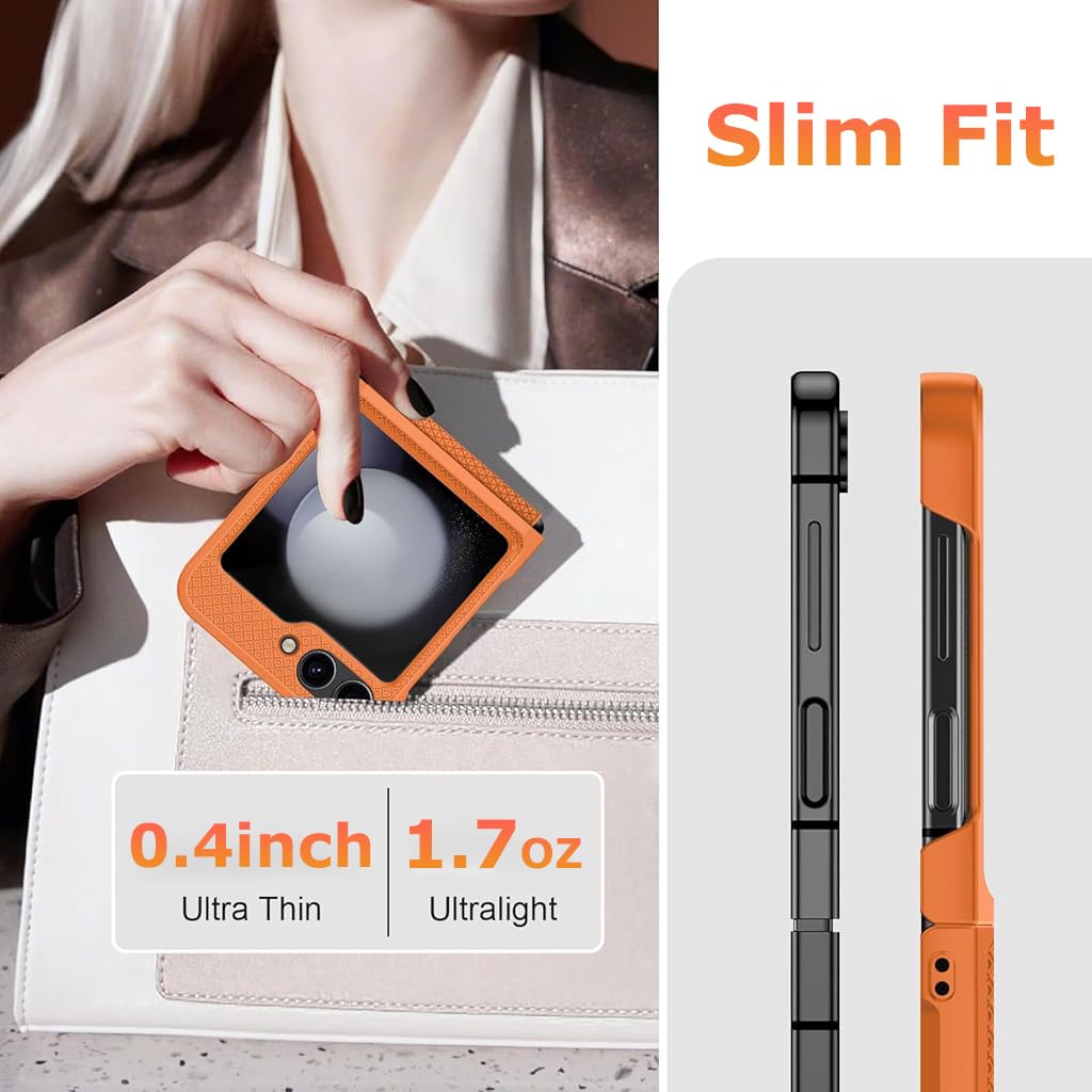 ZORBES Compatible with Samsung Galaxy Z Flip 6 Folding Phone Case for Galaxy Z Flip 6 One-Piece Retractable Hinge Design Anti-Slip Fashion Phone Case with Cut-Out Outer Display, Orange