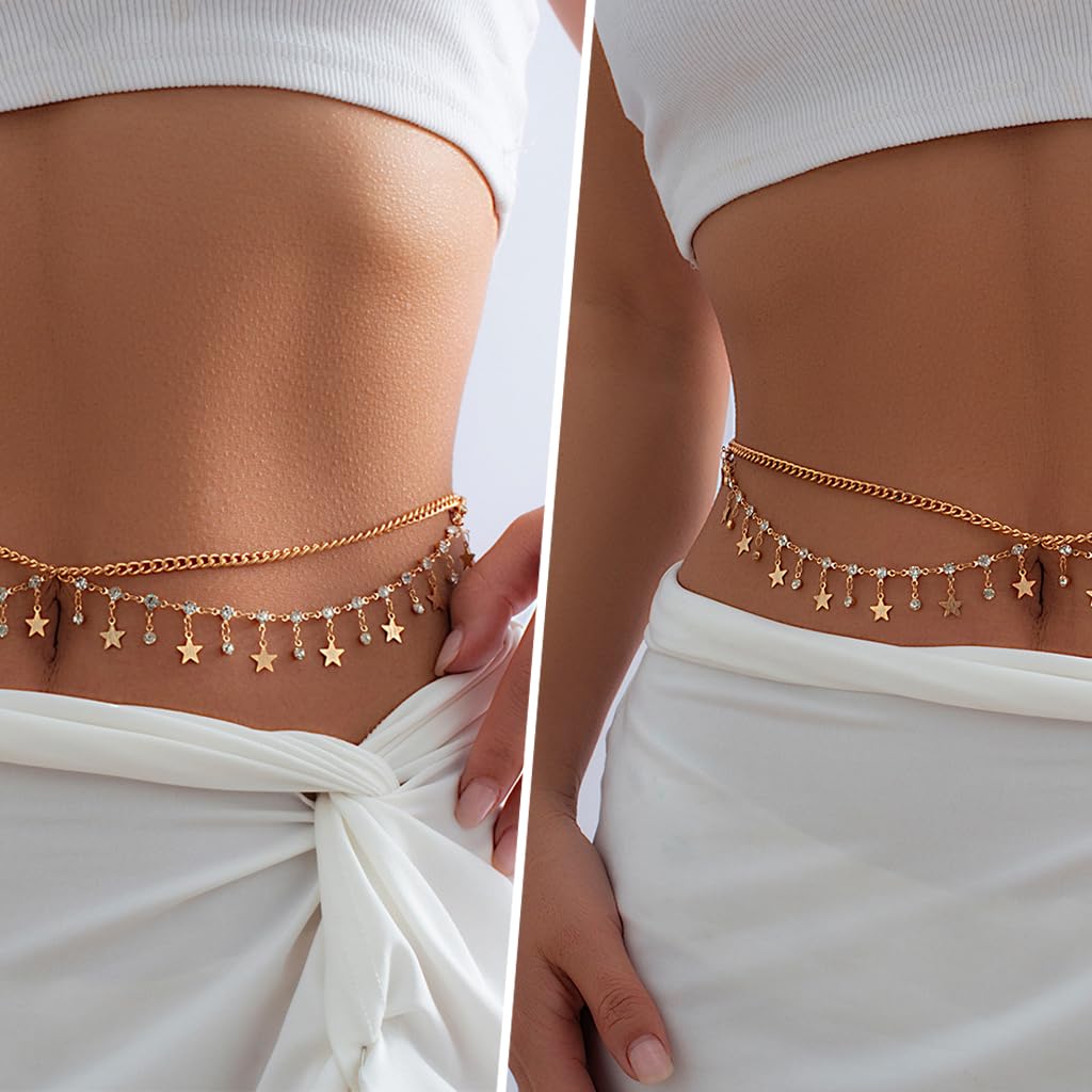 PALAY Waist Chain for Women Stylish Sexy Dual Layer Metal Belly Hip Chain Fashion Ladies Rhinestone Stars Pendent Waist Chain for Saree, Crop Tops, Bikinis, Lehengas - 26-41 Inch