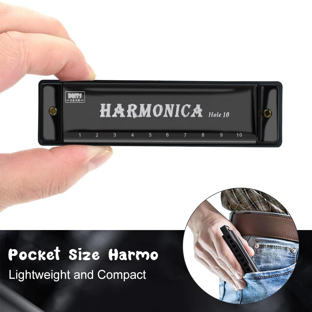 HASTHIP Harmonica Mouth Organ Musical Instrument Titanium Copper Core Harmonica C Key 10 Hole 20 Tone for Beginners Durable Clear Sound, Birthday Gifts for Kids Adults, Suitable for Blues Folk, Black