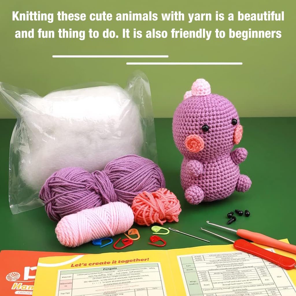 PATPAT Crochet Stuffed Animal Kit Crochet Kit for Beginners DIY Knitting Kit Full Set Crochet Starter Kit with Yarn, Polyester Fiber, Crochet Hooks, Tutorial Video, Kids Friends Gifts (Dinosaur)