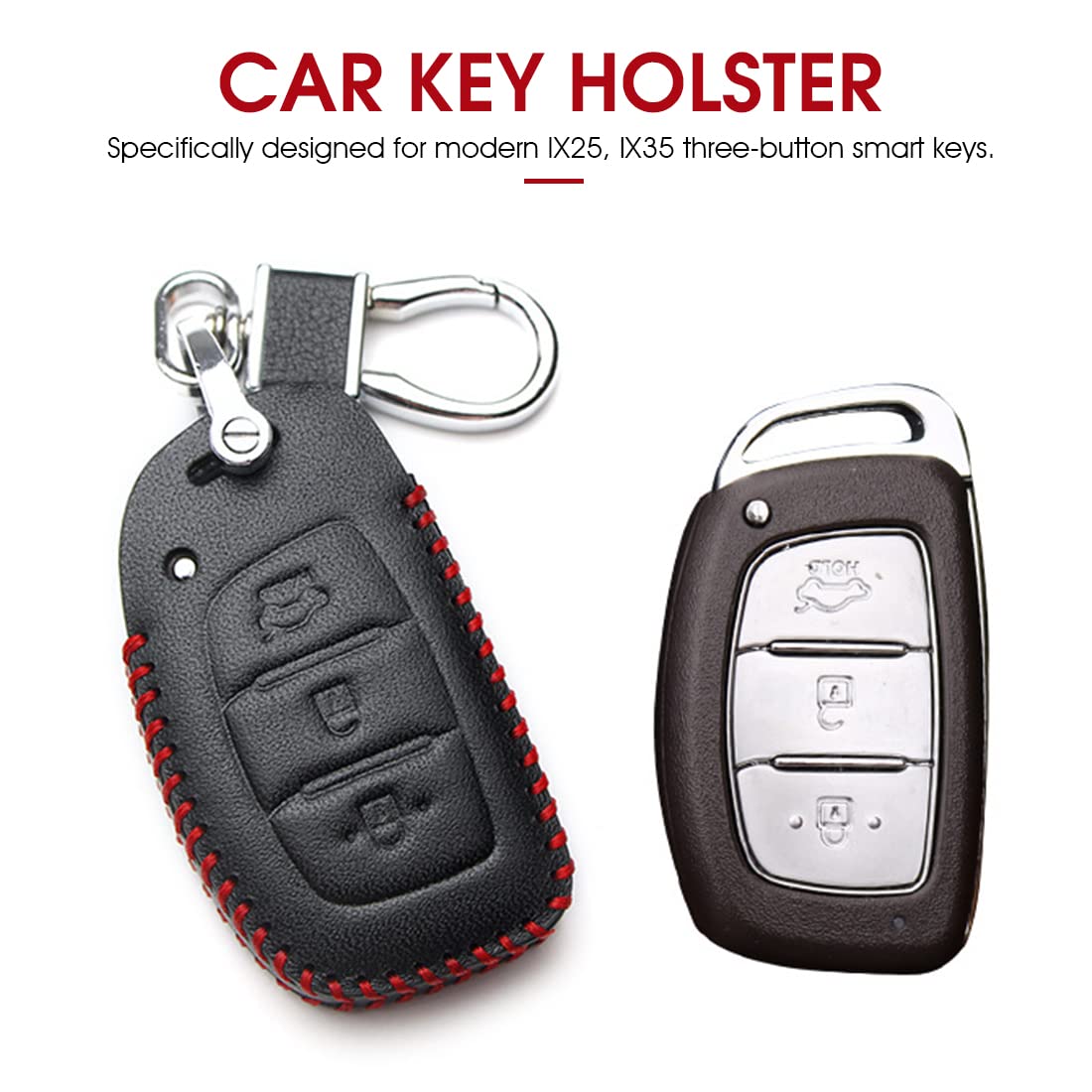 GUSTAVE Car Key Case, Soft Leather Key Cover for Hyundai 3 Button Smart Key with Keychain (3 Button Smart Key, Black)