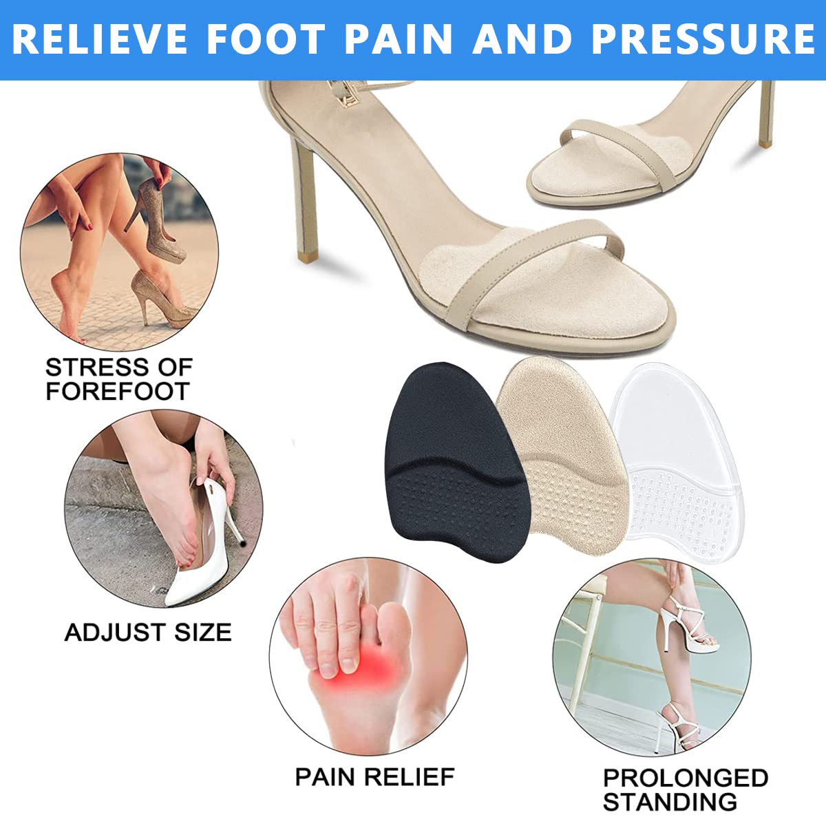 PALAY 3 Pairs Ball of Forefoot Insoles, Front Foot Cushions, Anti Slip Heel Shoe Cushion Inserts for Metatarsal Support and Foot Pain Relief