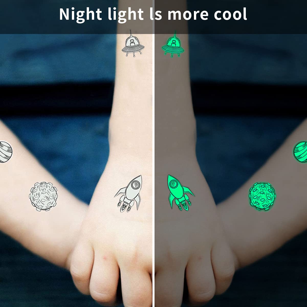 MAYCREATE 10 Sheets Waterproof Cartoon Temporary Tattoo Sticker Night Glow Sticker, Outer Space Astronaut Theme Cartoon Sticker for Boys Girls Party Sticker Party Supplies