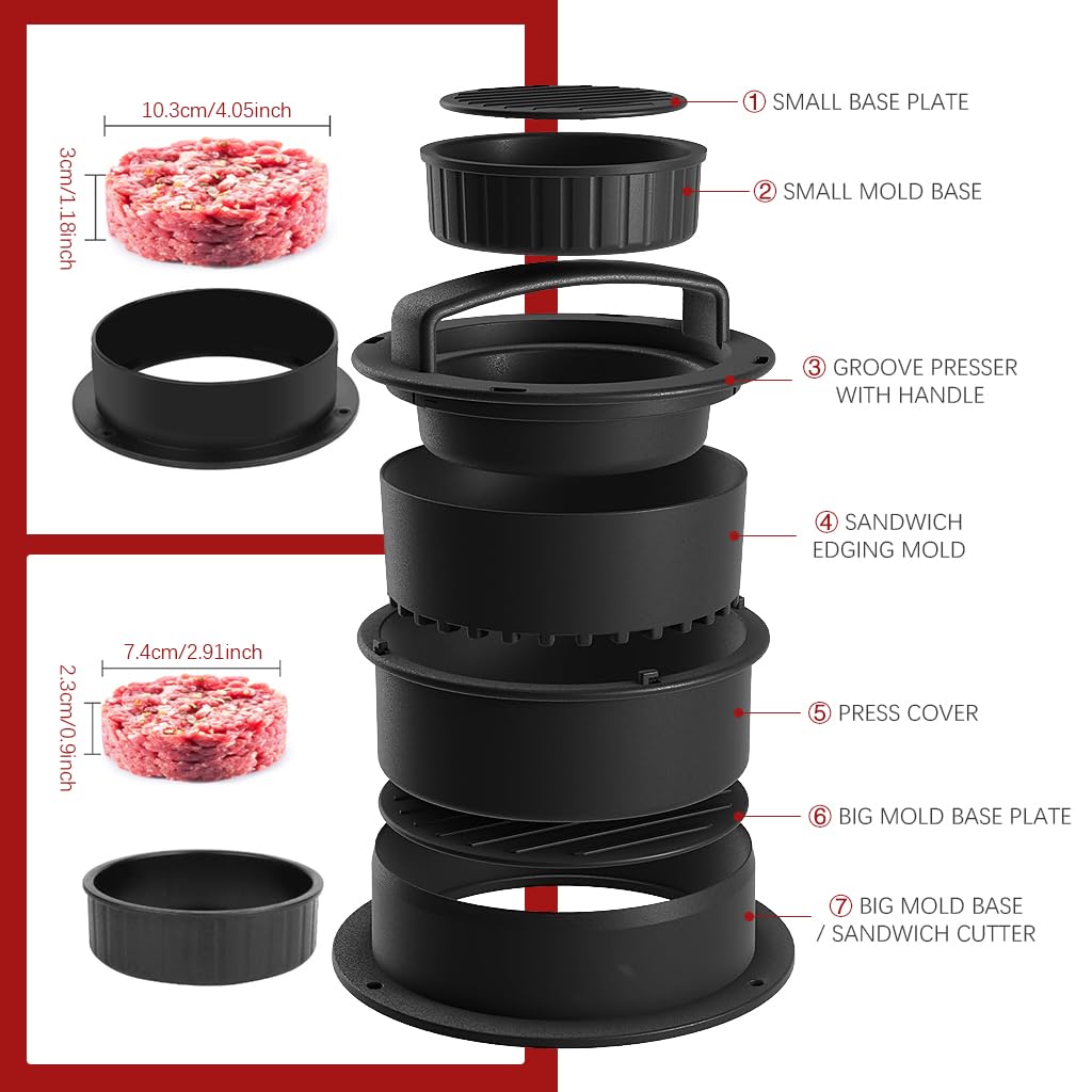 HASTHIP 4 in 1 Stuffed Burger Press Sandwich Maker Sealer Patty Maker Ring Mold Press Multi Size Burger Patties Press Stackable Kitchen DIY Burger Patty Shaper with 100 Pcs Non-Stick Patty Papers