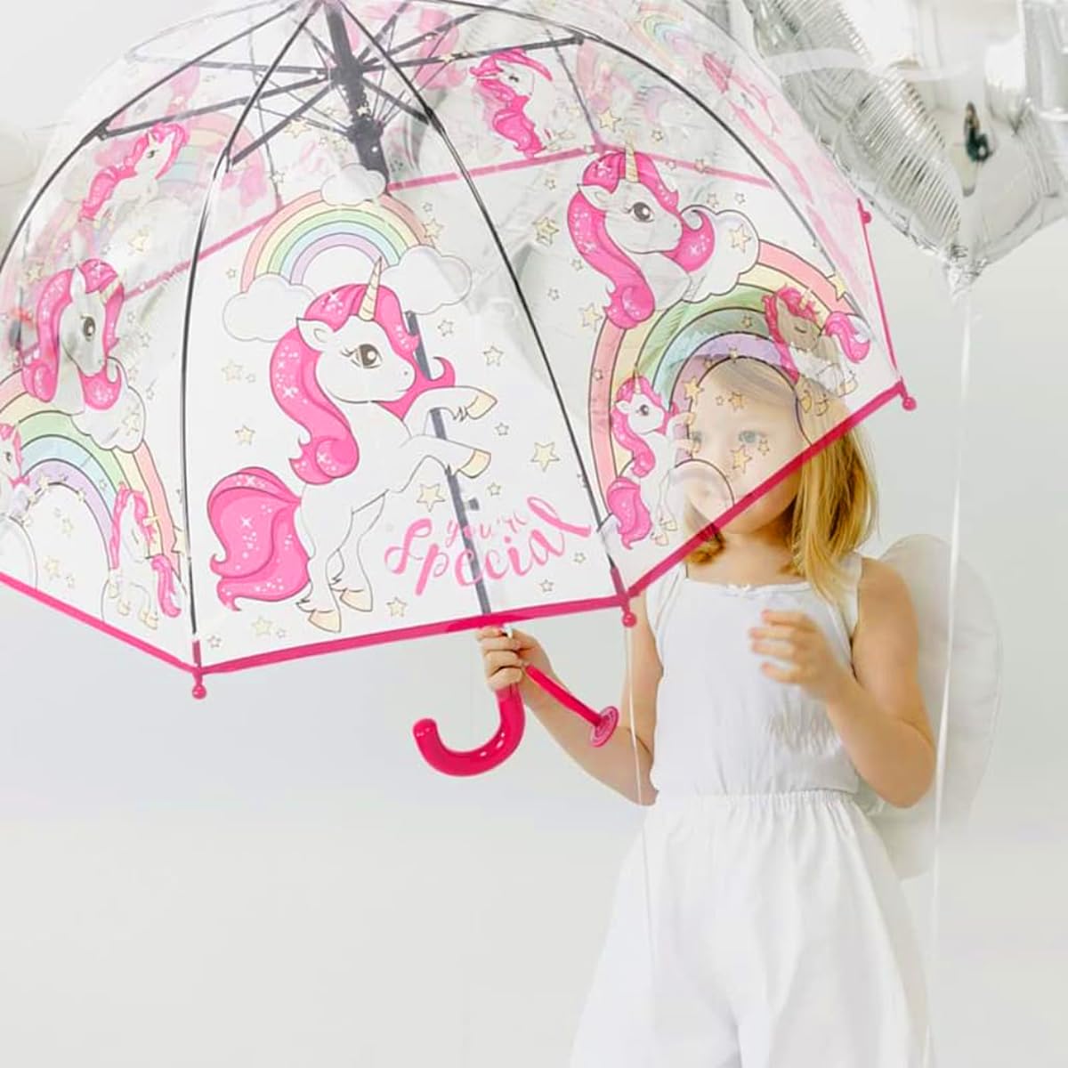 PATPAT Umbrella for Kids Rain Umbrella Cartoon Unicorn Transparent Kids Umbrella for Girls 5-6 Years Old, Windproof Waterproof Princess Dome Bubble Shape, Girls Umbrella with Grip Handle for Children