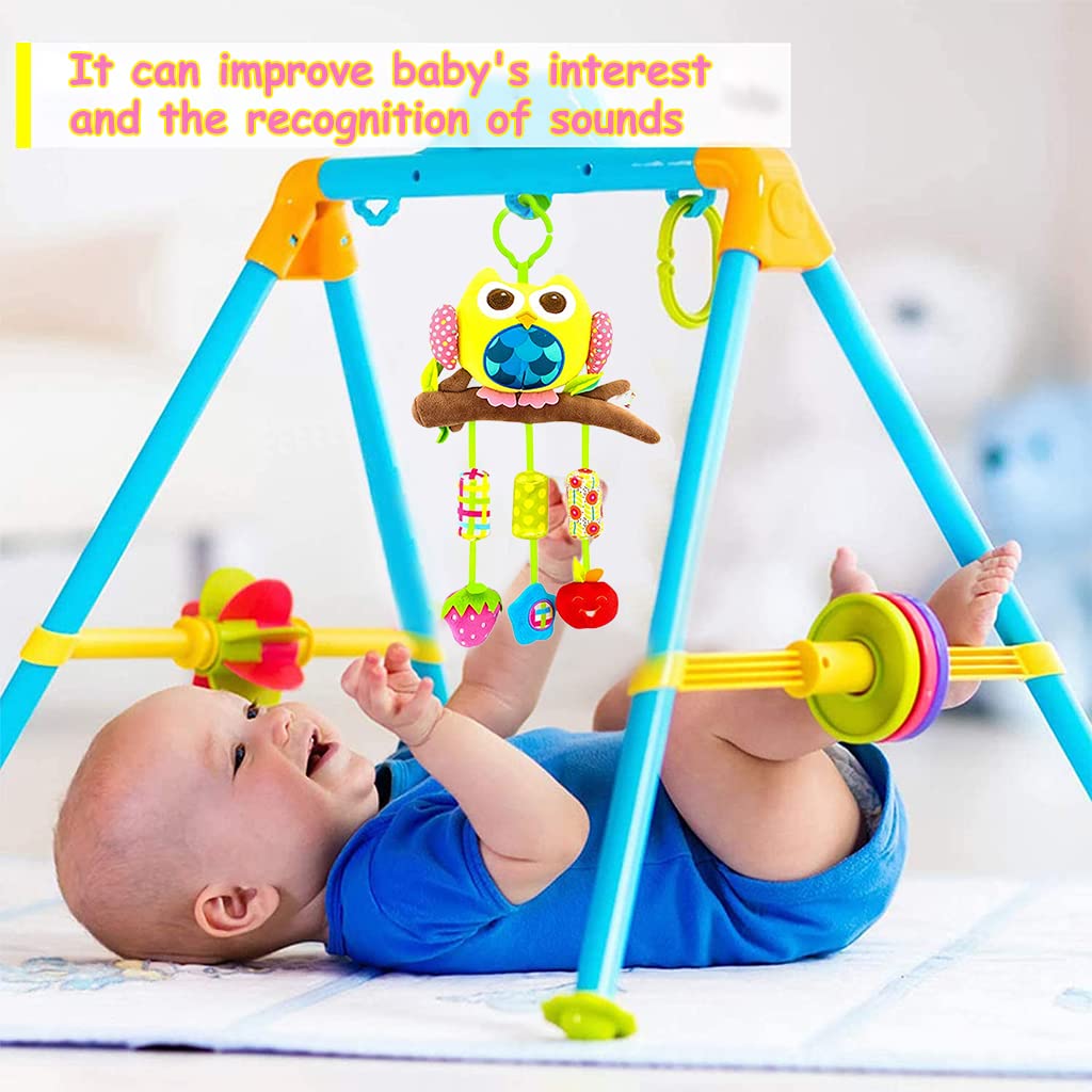 PATPAT Hanging Toys for Babies 0-6 Months, Rattle Crinkle Squeaky Toy Car Seat Plush Stroller Toy with Teethers Plush Animal C-Clip Ring for Infant Babies Boys and Girls 3 6 9 to 12 Months -Owl
