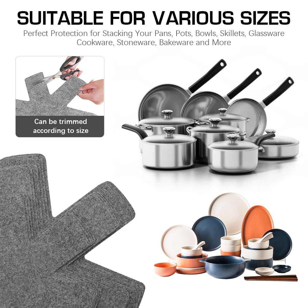 HASTHIP 12Pcs Pot Protectors 3 Sizes Universal Pots Pans Felt Lining Protectors 2mm Thickness Non-Woven Fabric Cookware Pads Multi Purpose Reuseable Stacking Anti-Scratch Pads Table Protectors