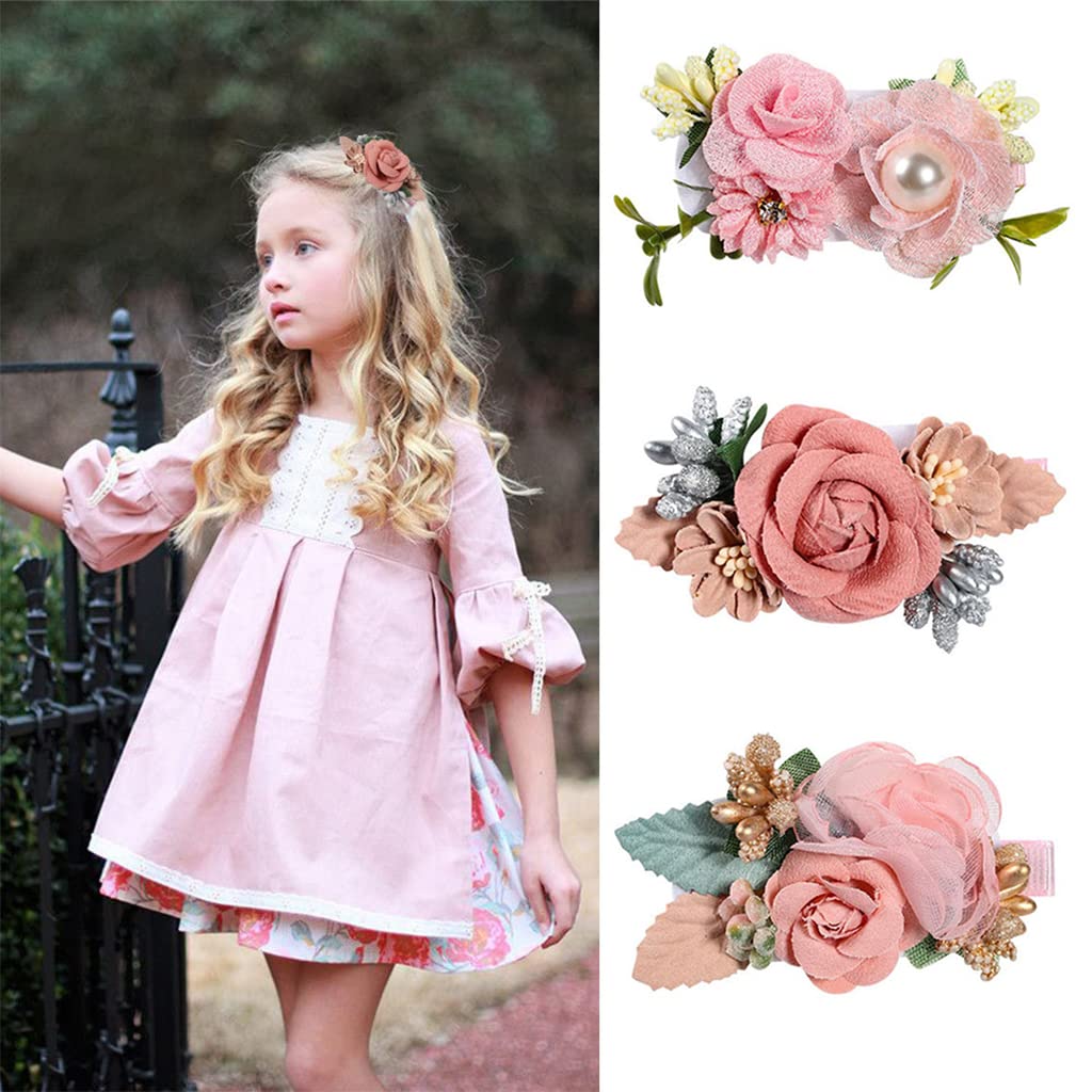 GUSTAVE Pink 3 Pcs Floral Flower Hair Clips and Bow Hair Accessories for Girls,Baby,Toddlers,Teens Gifts
