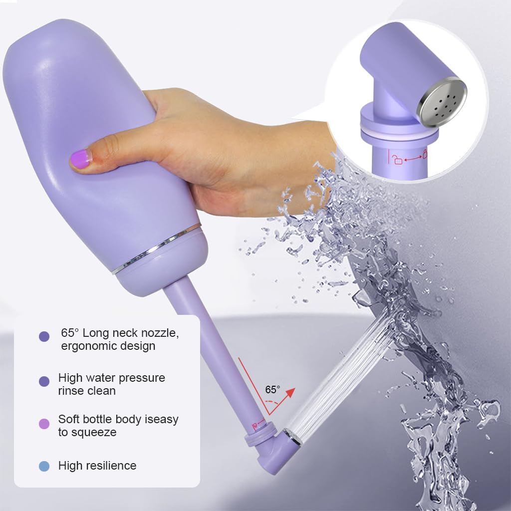 HANNEA Travel Bidet 380ml Portable Travel Bidet with Lid Sanitary Rinse Bottle with Retractable Spray Nozzle Leaking Proof Travel Bidet for Women, Personal Handheld Sanitary Bidet(Purple)