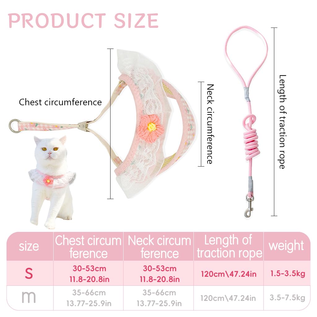 Qpets Cat Harness with Leash, Cute Flower Cat Belt Print Pink Pet Harness for Cat, Fashion Breathable Cat Leash with Harness Small Pet Walking Harness (S, Recommended Weight: 1.5-3.5KG)