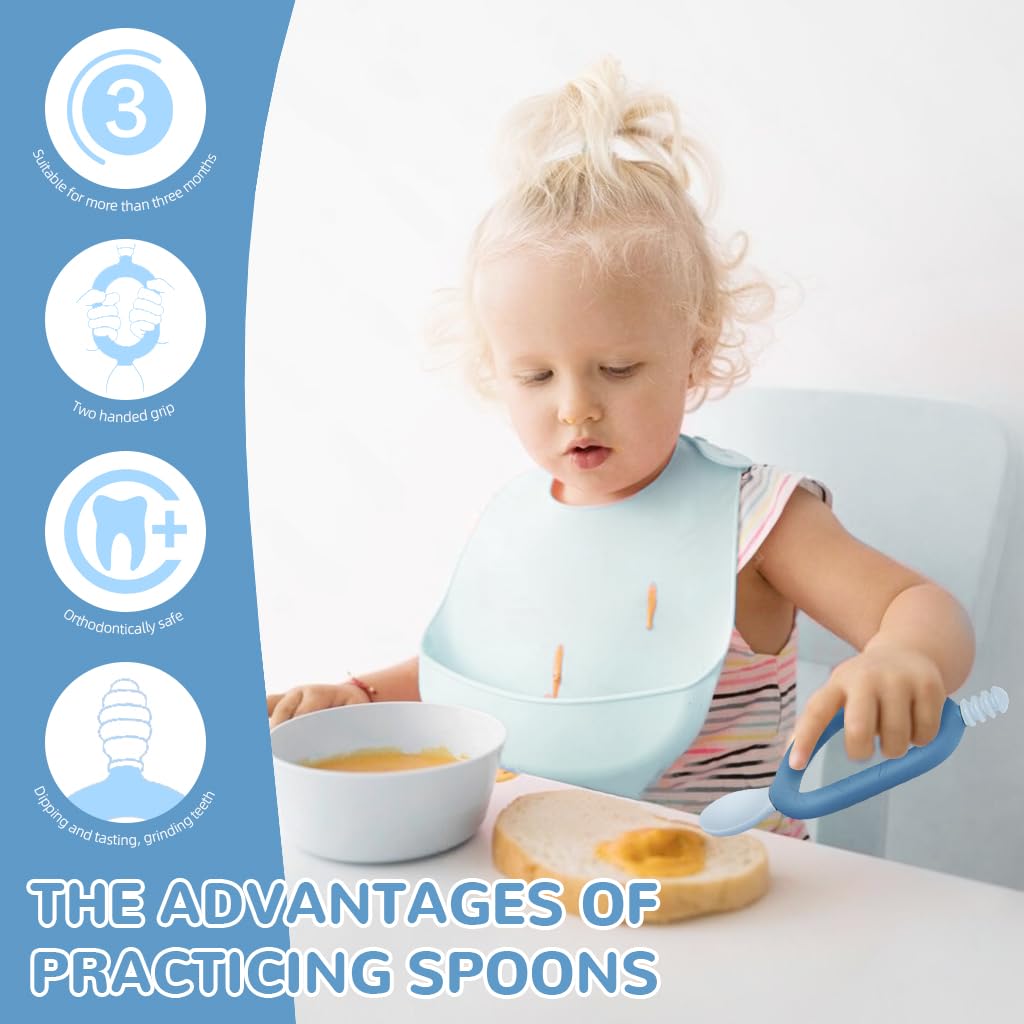 SNOWIE SOFT Baby Spoon 2 in 1 Baby Spoon Teether Spoon Feeding Spoon Innovative Loop Grip Self-feeding Spoon Food Grade BPA Free Soft Silicone Spoon Heat Resistant Baby Spoon for 6 Month+, Blue