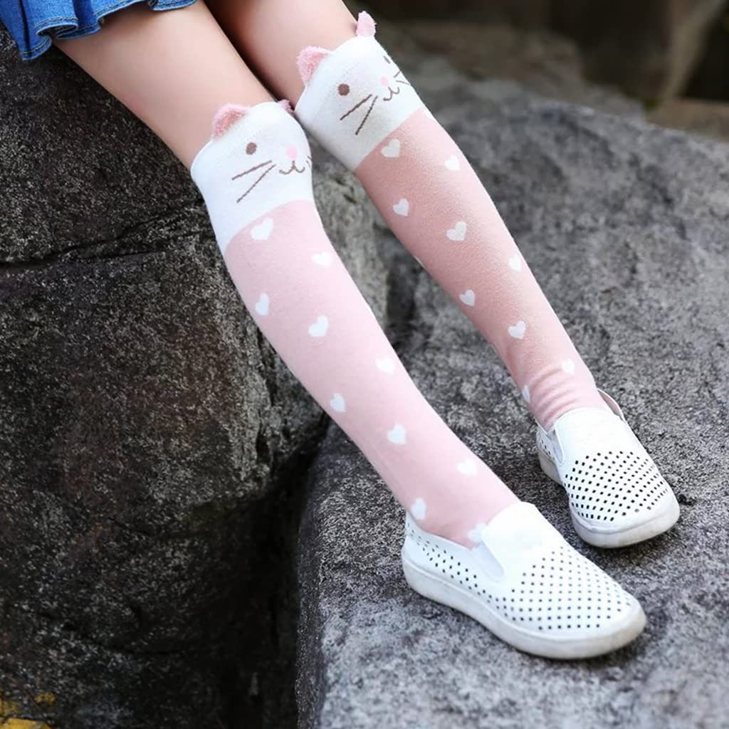 ZIBUYU Girls Cotton Knee High Socks Cute Kitty Winter Warm Long Socks for Girl Christmas Gift for Girls 3-12 Years Old Boot Socks, One Pair, Pink