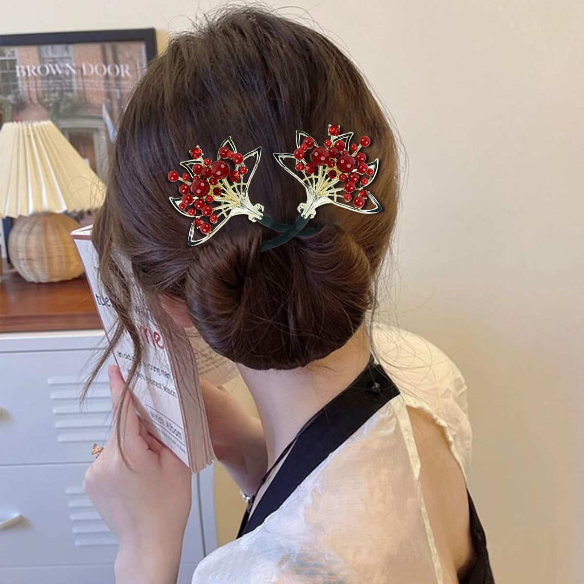 PALAY Hair Bun Accessories for Women Red Pearl Easy Hair Bun Maker for Hair Metal Bun Clips for Hair Stylish Flower Twist Bun Shaper for Women Ladies Daily, Party, Wedding