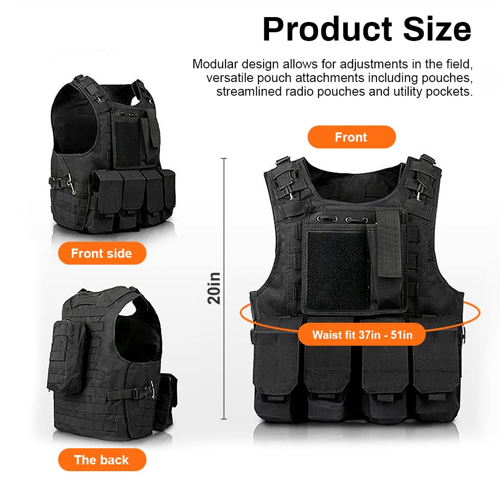 Proberos Tactical Vest, Military Vest Officer Tactical Vest for Men and Women Multi Pockets Modularity Vest Lightweight Outdoor Multifunction Vest, 4 Pouches and one walkie talkie pouch