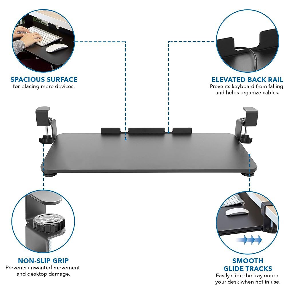 Verilux Keyboard Tray Under Desk Pull Out Keyboard Rack, Retractable Clip Mount Installation Drawer Style Keyboard Rack Under Sliding Keyboard Rack for PC Desk, Office Desk, Dorm, 25.5'' x 9.8''