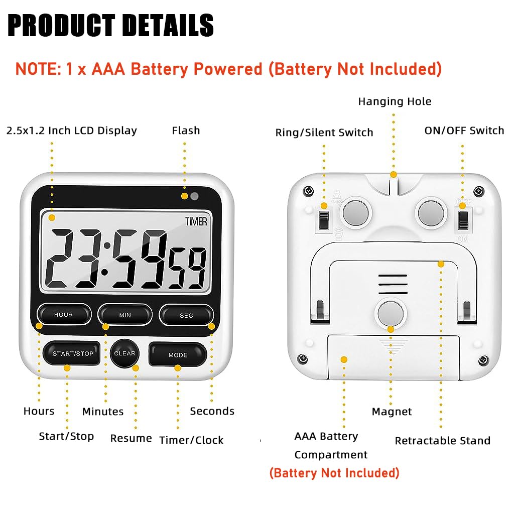 HASTHIP LCD Digital Kitchen Timer Magnet Alarm Clock 24hs Countdown Timer Time Reminder Baking Timer with Folding Bracket Battery Powered Timer for Kitchen, Study, Working Out (Battery Not Included)